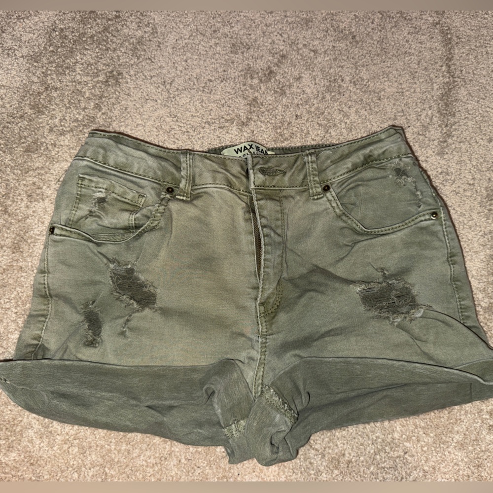 Wax Jean Olive Green Distressed Jean Shorts